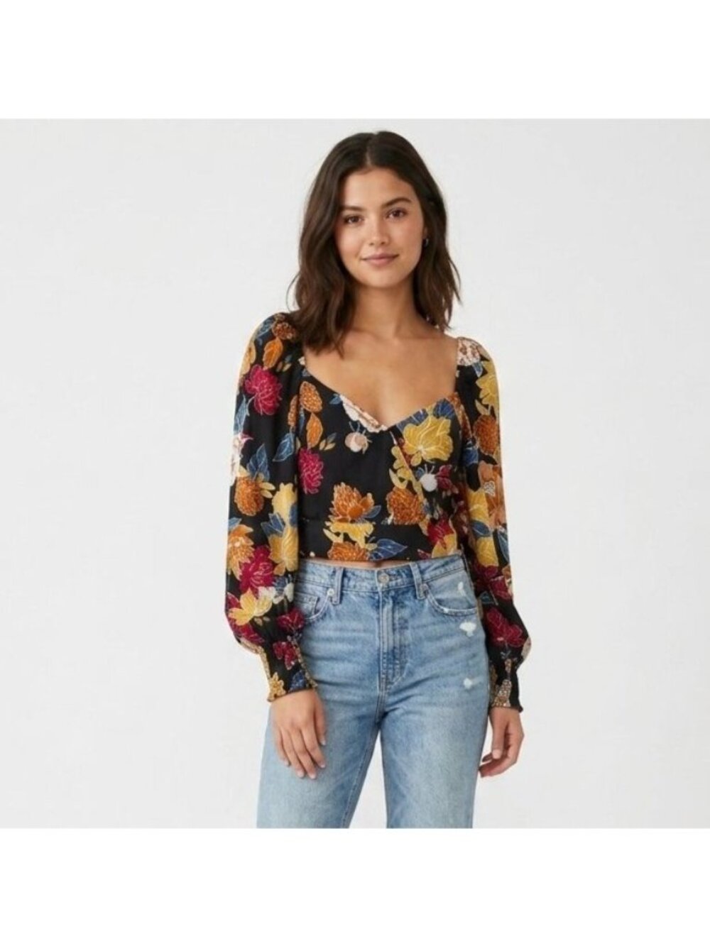 Band Of The Free Women Black Floral Crop Top Long Puff Sleeves Size M Tie NEW